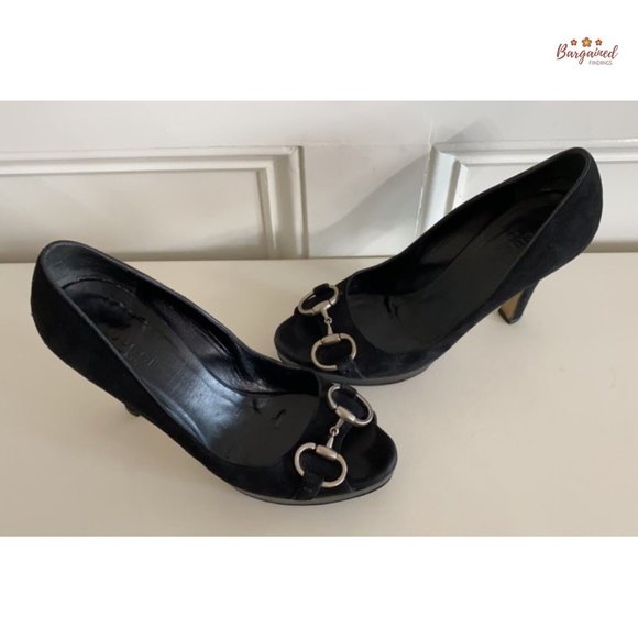 Authentic GUCCI Black Suede Leather Horsebit Peep-Toe Platform Pumps 36C/6C - Picture 9 of 13